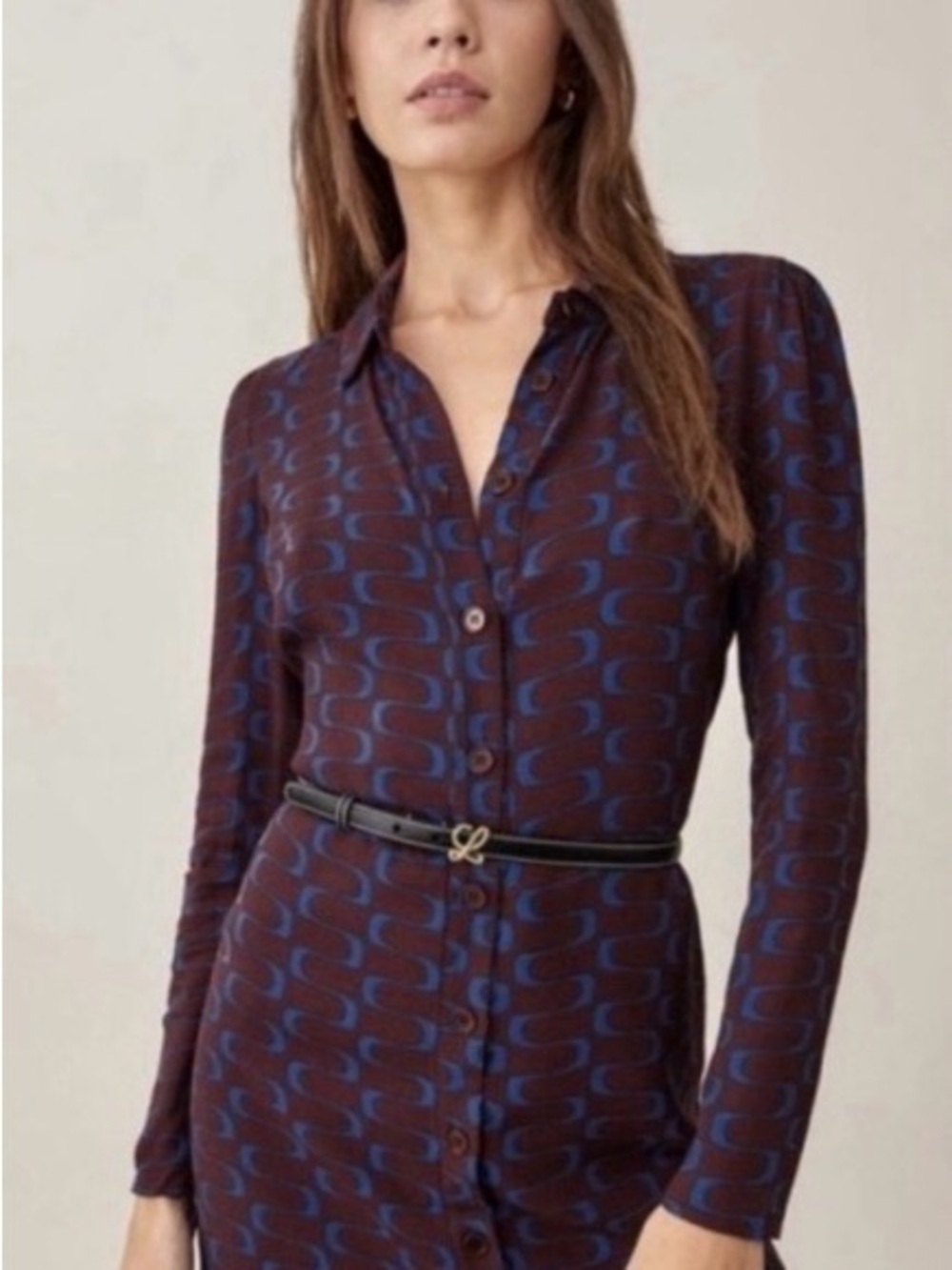 Reformation Hugh Shirt Dress in Burgundy & Blue Print